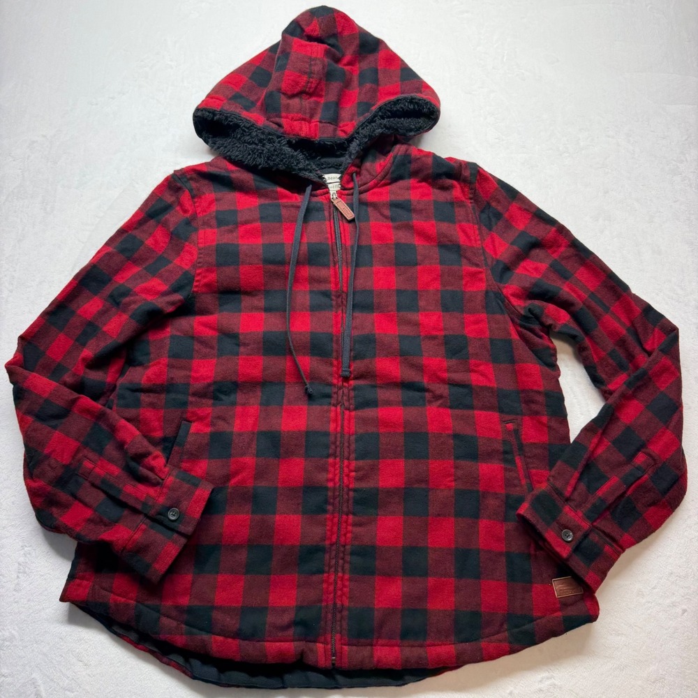 L.L.Bean Sherpa Lined Flannel Jacket S Red Black Buffalo Plaid Hooded Women
